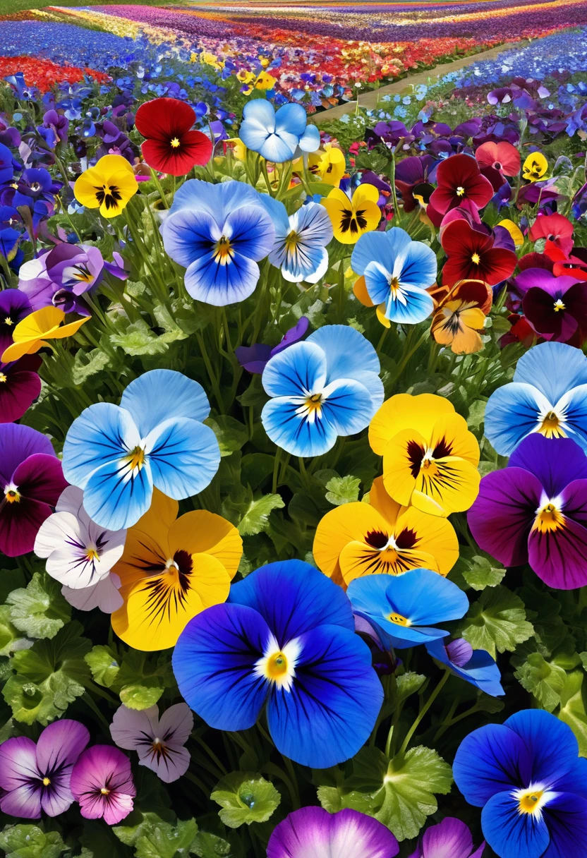 fusion of acrylic and collage paintings, high and fine artwork, nemophila, rainbow colored pansies, flower bed, shadows, contrast, conceptual installation art, (ultra detailed, absolutely resolution, best quality:1.3), 2.5D, delicate and dynamic effects, iridescent effects, artistic photography, hyper realistic, graphic CG digital art