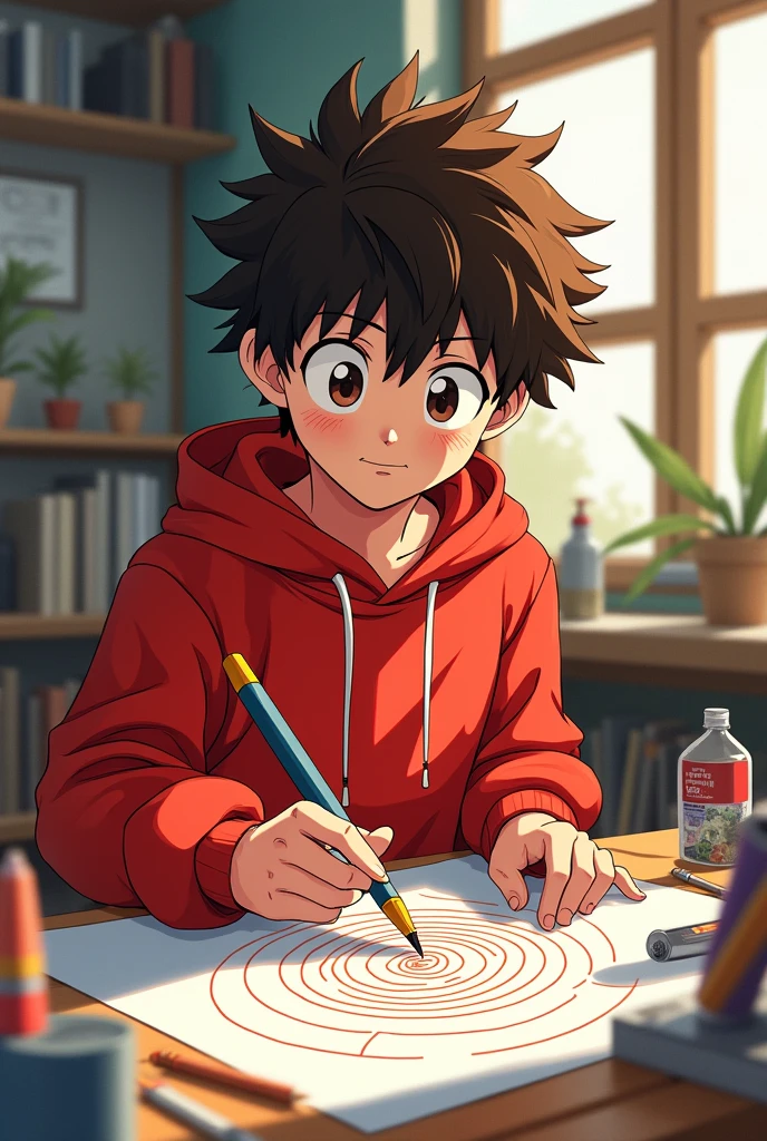 scene: Inspired by the words of Vitruvius, Leonardo a brown-haired boy with a red sweatshirt, begins to experiment with geometry in his own art. In the cartoon, Leonardo is seen drawing spirals and using the compass to create proportions., All this with a boku no hero academia style