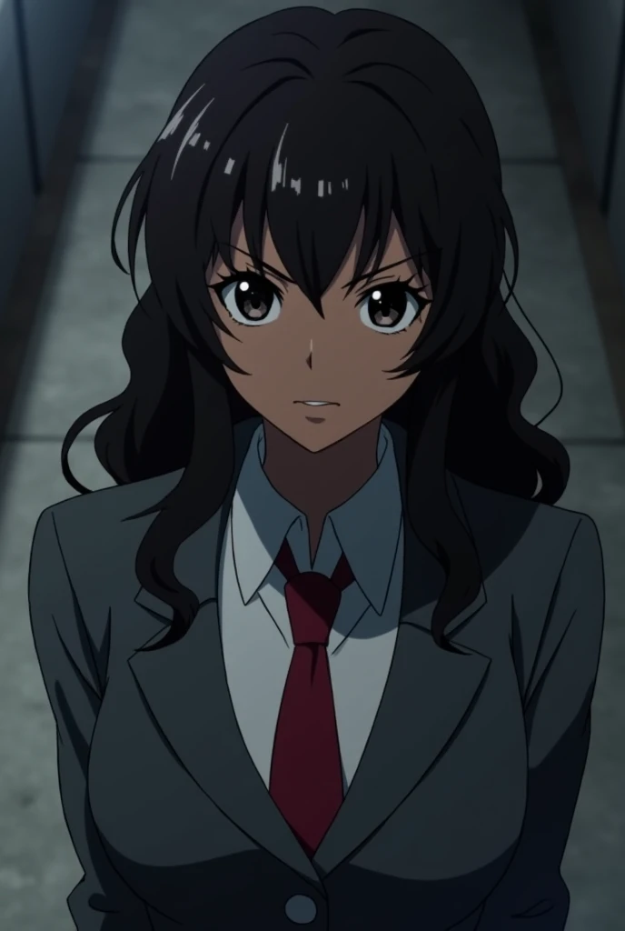 boku no hero screenshot, beautiful woman, dark brown skin tone, long curly dark brown hair, round face shape,slanted eyes, dark eyes, relaxed expression on the face,uniform gray coat red tie,
