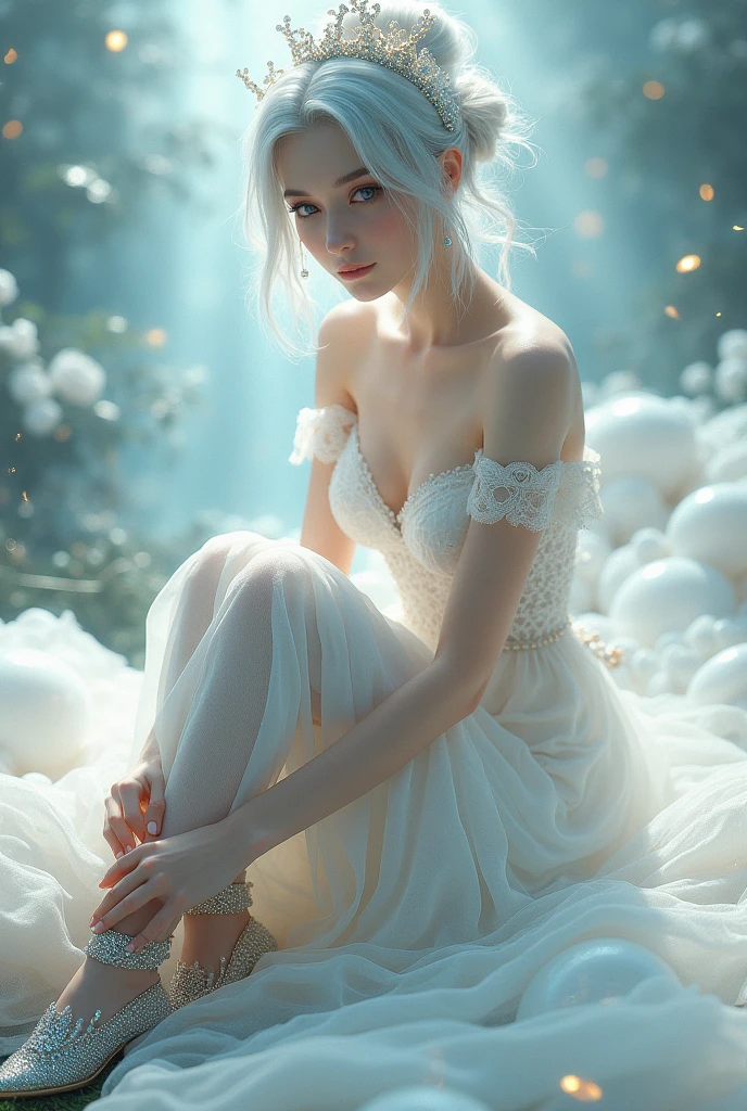 "Create a visually stunning and ethereal fantasy character in a delicate, flowing white gown adorned with shimmering jewels and delicate lace. Her silver hair is styled in an elegant updo with small, glowing ornaments woven into it, and she gracefully adjusts a sparkling, crystal-encrusted shoe. The atmosphere around her is soft and luminous, with a subtle, mystical glow that emphasizes her delicate features and the intricate details of her outfit. The background should convey a serene and magic