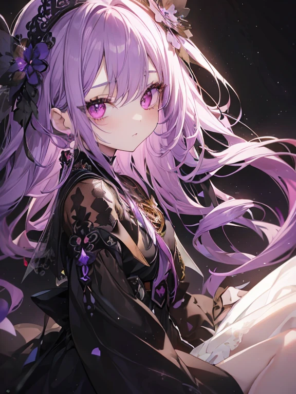 (eyelash:1.3),(Black background:1.2),Viewer Display High Resolution, pretty girl, Beautiful and detailed, Long purple hair, Pale red eyes, Original Costume、Princess Dress, Glowing Skin, 前かがみSide Shotハイコントラストの女の子, Sitting, Side Shot, (null:1.3)