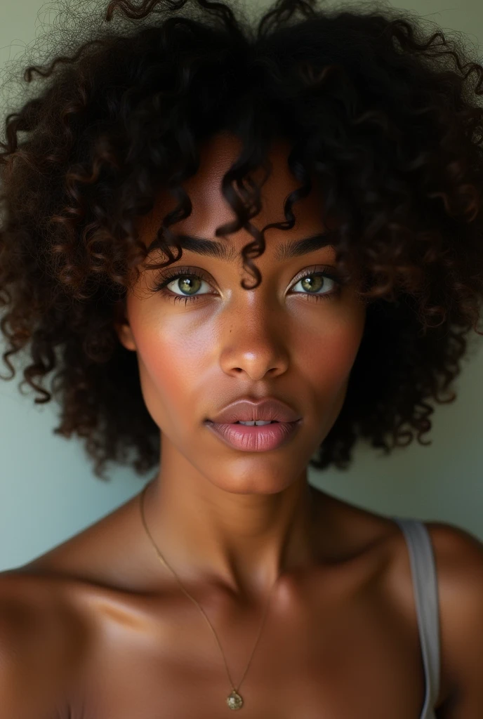 curly hair, brown skin and green eyes human