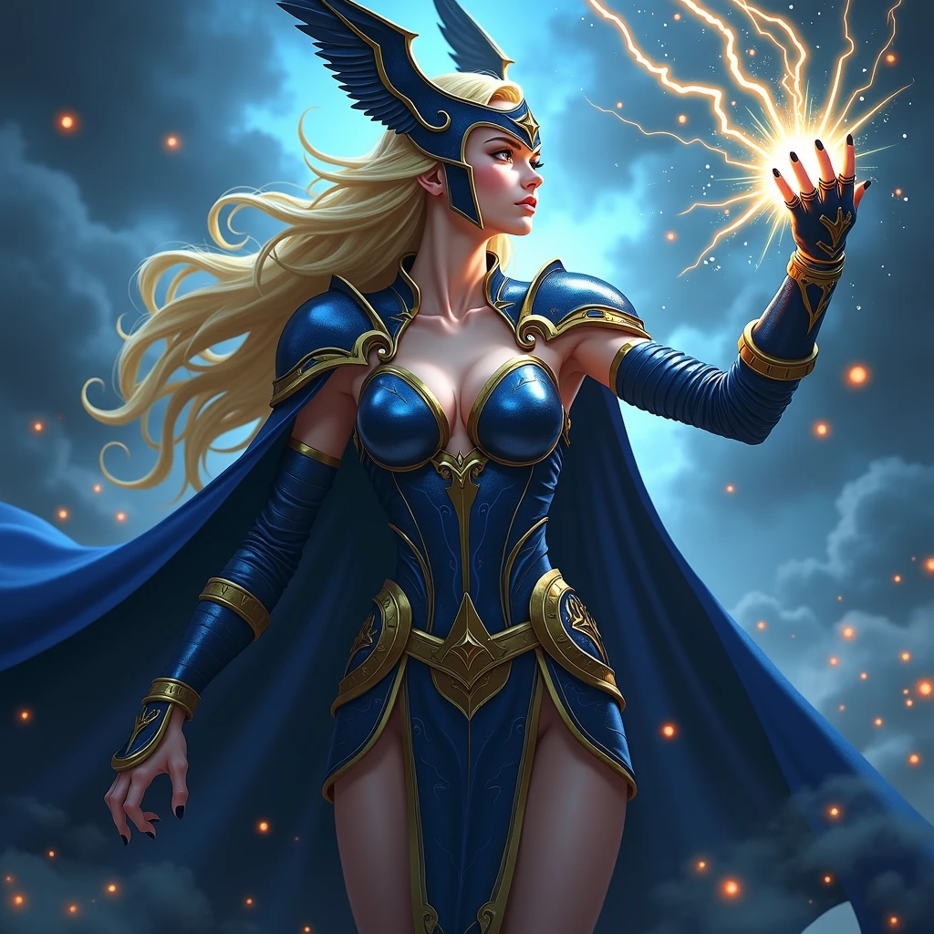 blonde haired norse goddess wearing a helmet that covers her entire head, shiny dark blue armor with gold trim, armored Gauntlet. cape with star-field. Cleavage, deep v-neck. She has a stern expression. Winged helmet. Posed with arm raised Shooting lightning from hand.(detailed eyes, detailed face). use a playful anime style with vibrant colors, an energetic scene and a dramatic expression on her face.