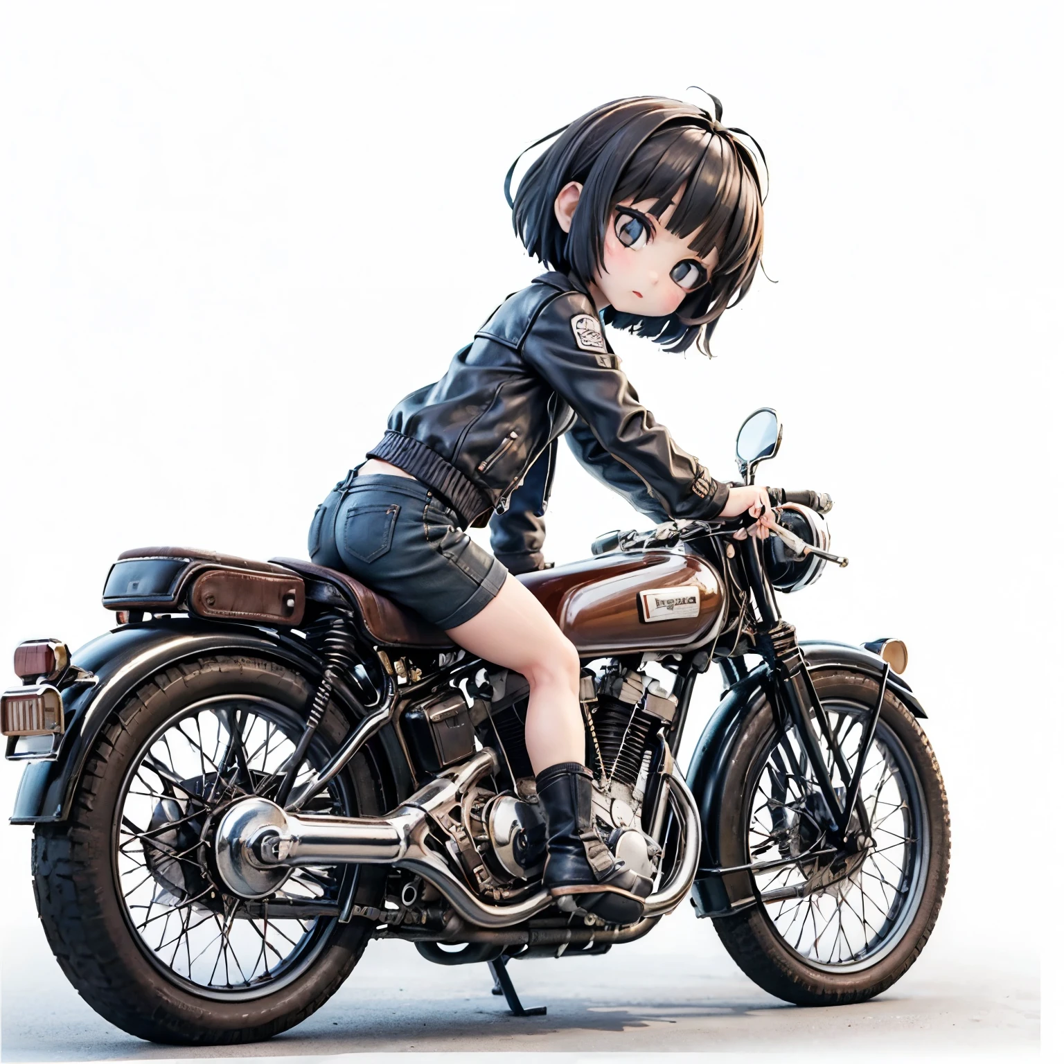 (磁器people形)、(陶磁器people形)、(Ride a classic motorcycle:1.2 )、(Vintage Bikes、Bluff Superior SS100)、美しい若い日本people女性、Beautiful Face, Black Hair, Short Bob Hair, Red classic leather jacket、leather shorts、boots、goggles、Take a photo of the entire bike、(people々々And the size balance of the motorcycle is our number one priority.:1.2)、Blur the background、((No background))、((White Background))、((Plain background))、((No logo))、(Highest quality、High resolution、masterpiece)、(3d)、4K、8k、wallpaper、