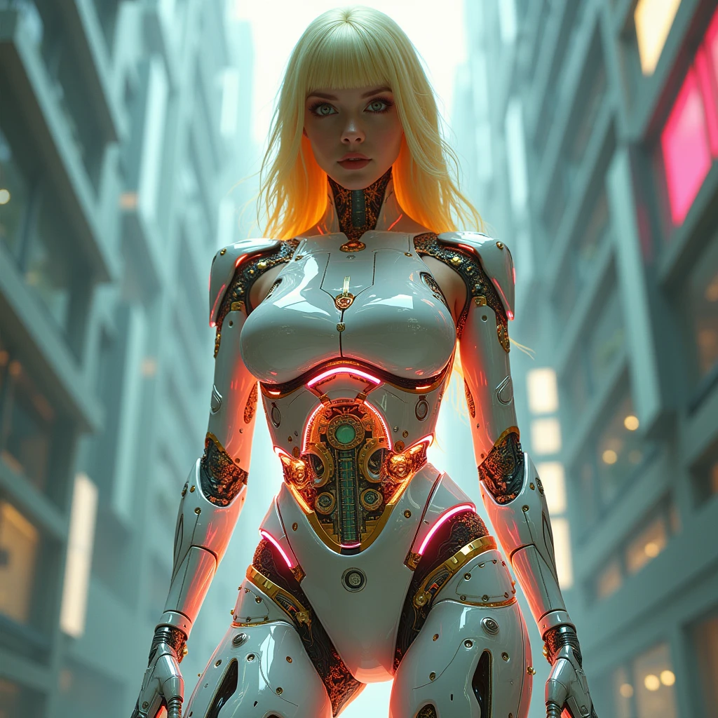 translucent white glowing glass red body de frente de pé olhando pra frente ,joelho e coxa de ferro prateado, green showcasing the intricate clockwork mechanics and moedas gold intertwined within. The cyborg's hazel eyes capture the viewer's attention, while her black hair and wide hips exude an air of elegance. The futuristic cityscape serves as a backdrop, reflecting the pink glow emanating from the cyborg's body. The hyperdetailed ultrarealistic face and fluid movement create a sense of depth and realism. The image is a mesmerizing blend of fashion photography, 3D render, and portrait photography, capturing the beauty and complexity of this captivating character., 3d render, photo, portrait photography , body de frente de pé olhando pra frente ,joelho e coxa de ferro prateado, green showcasing the intricate clockwork mechanics and water gold intertwined within. The cyborg's hazel eyes capture the viewer's attention, while her amarelo yellow hair and wide hips exude an air of elegance. The futuristic cityscape serves as a backdrop, reflecting the ciano glow emanating from the cyborg's body. The hyperdetailed ultrarealistic face and fluid movement create a sense of depth and realism. The image is a mesmerizing blend of fashion photography, 3D render, and portrait photography, capturing the beauty and complexity of this captivating character., 3d render, photo, portrait photography