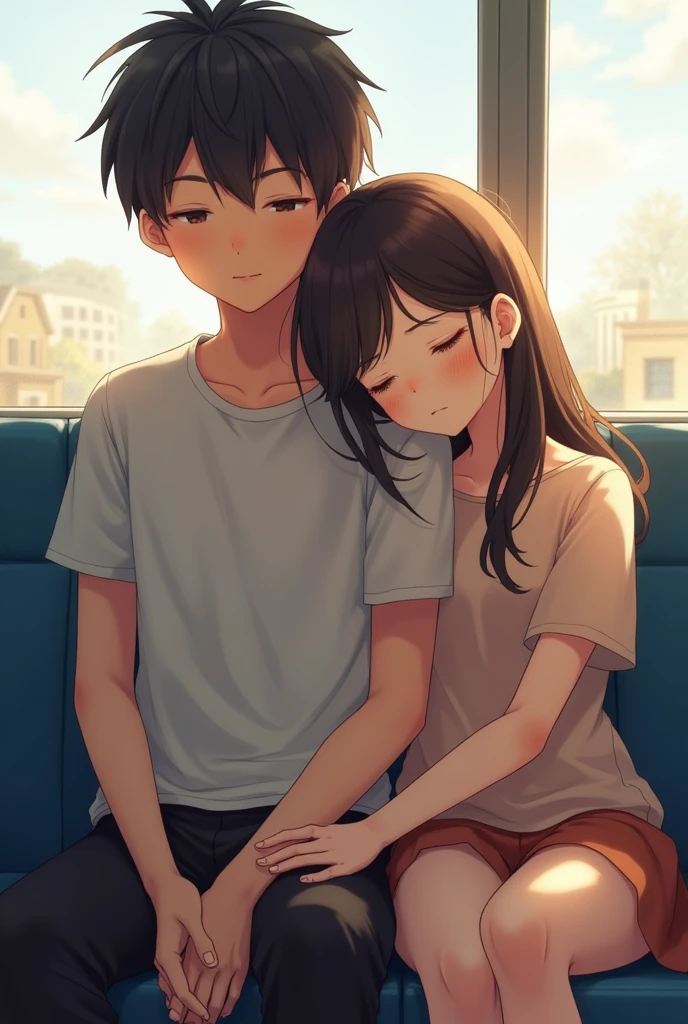 Next to each other
A girl and boy sitting in bus
Girl leaning her head on boy shoulder with close eyes and holding hand