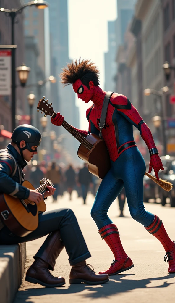 (Spider-Man big hair dance in pedestrian with a broom on his hands like as a guitar), and (Captain America sitting beside the road and playing accoustic guitar), hyperrealistic