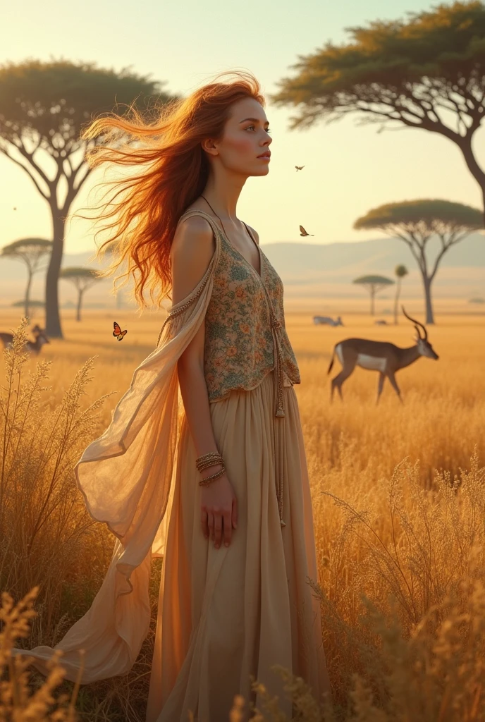 Image of a nature goddess in light brown clothing with a savannah background