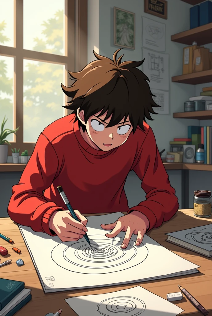 scene: Inspired by the words of Vitruvius, Leonardo a brown-haired ager with a red sweatshirt, begins to experiment with geometry in his own art. In the cartoon, Leonardo is seen drawing spirals and using the compass to create proportions., All this with a boku no hero academia style