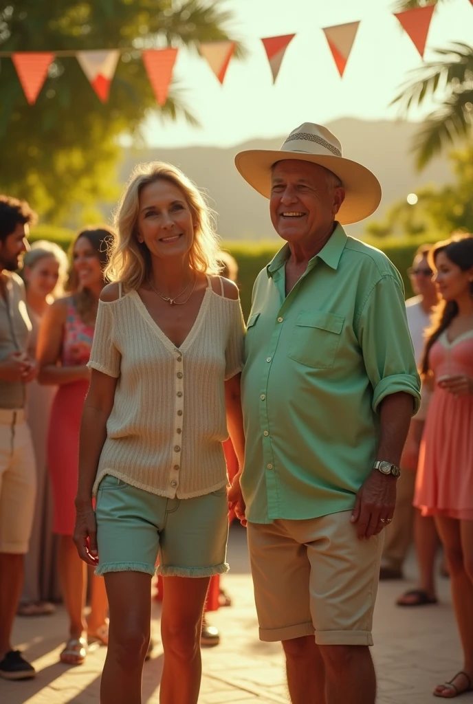 create a realistic image of a very cinematic scene. A 60-year-old Mexican man is telling his friends that he is going to retire.. It's your house's birthday, at a day party in open call. He wears shorts, pastel green shirt and Panama hat. His wife was by his side.