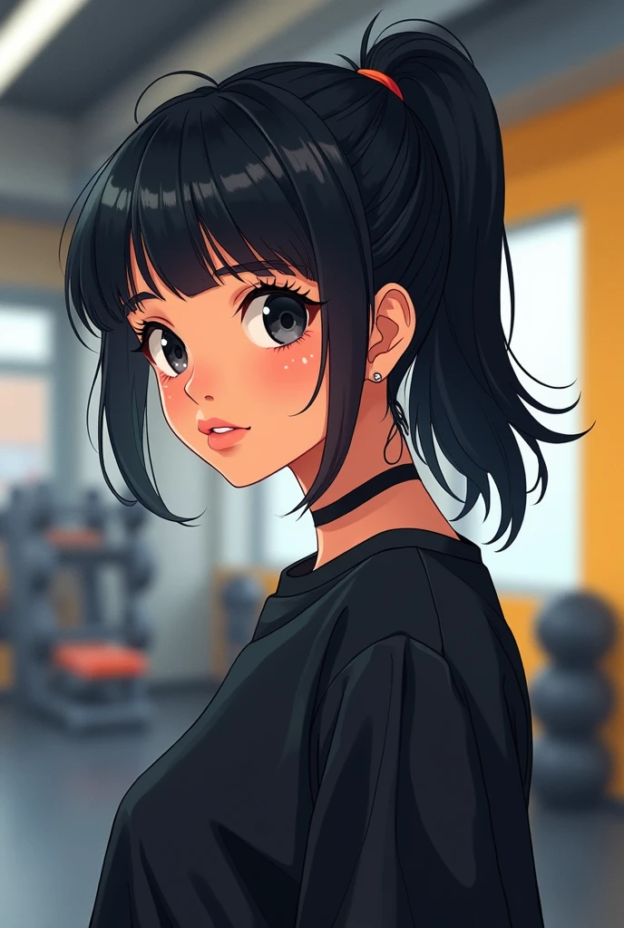 I am Peruvian with short black hair with bangs and big black eyes ,  make my anime And I always have my hair combed in a ponytail and I wear an oversized black t-shirt I want it as a gym background to put it in profile Without big breasts 