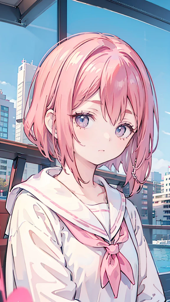 Ski style, 1 Girl, Solitary, Pink Hair, Animal ears, blue eyes, wing, Looking at the audience, Bangs, short hair, bow, Sailor collar, white Sailor collar, hair bow, pink bow, Shut up, shirt, white shirt, Bear ears, Bob Cut, mini wing, portrait, detached wing, cosmetic, Upper Body, City background