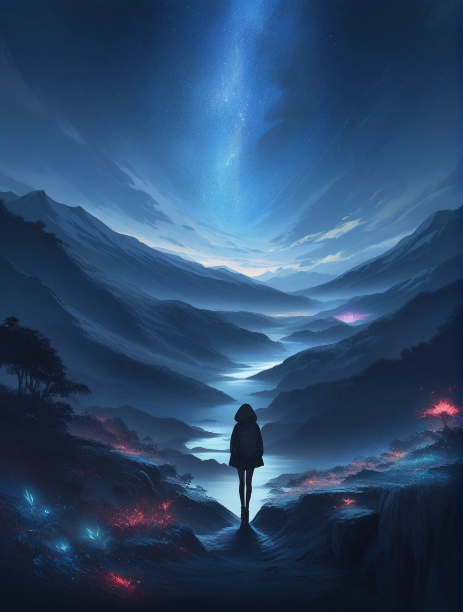 score_9, score_8_up, score_7_up, score_anime, masterpiece, top quality, delicate illustration, sharp lines, sharp focus, BREAK,Traveler girl wandering in the endless night world,girl wearing a hood,backpack full of stuff,night Otherworldly, Fantastic scenery, Beautiful landscape, Harmony with nature, Spectacular view, ((dark)), Scenery that no one has ever seen before
