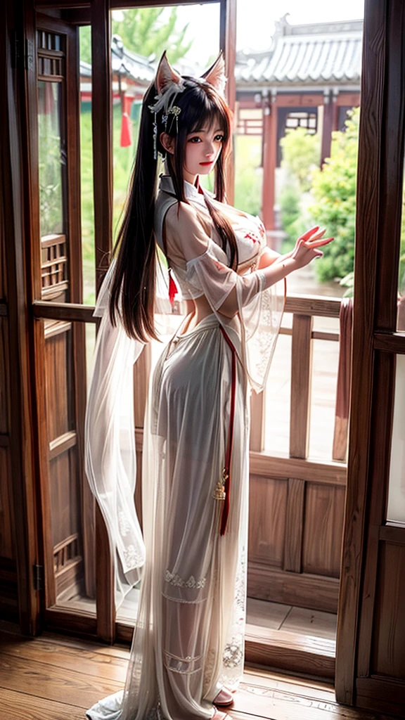 Quaint wooden house,Wooden folding screen,beauty,Youya,Women,Fox ears,White long hair shawl,Big breasts,thin waist,Attractive figure,antique chinese cheongsam,
