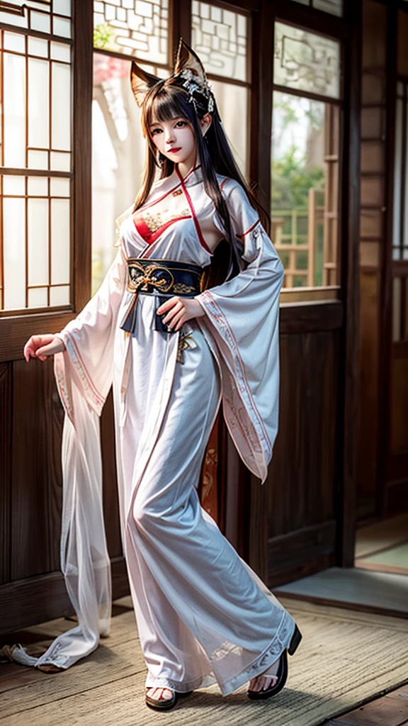 Quaint wooden house,Wooden folding screen,beauty,Youya,Women,Fox ears,White long hair shawl,Big breasts,thin waist,Attractive figure,antique chinese cheongsam,