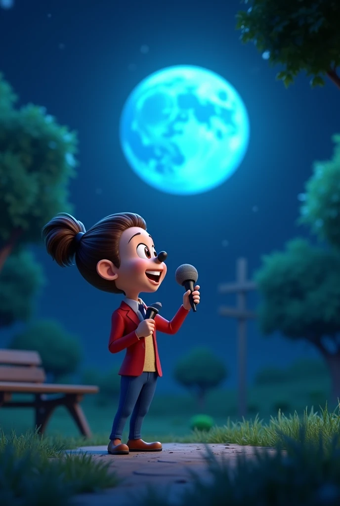 Create a 3D Disney style cover image, with a TV reporter&#39;s microphone in his hand and the other hand pointing to the full moon, the moon is blue, he is in a place that has grass and trees, as if it were a park. It&#39;s all dark, There are no clouds or stars. 