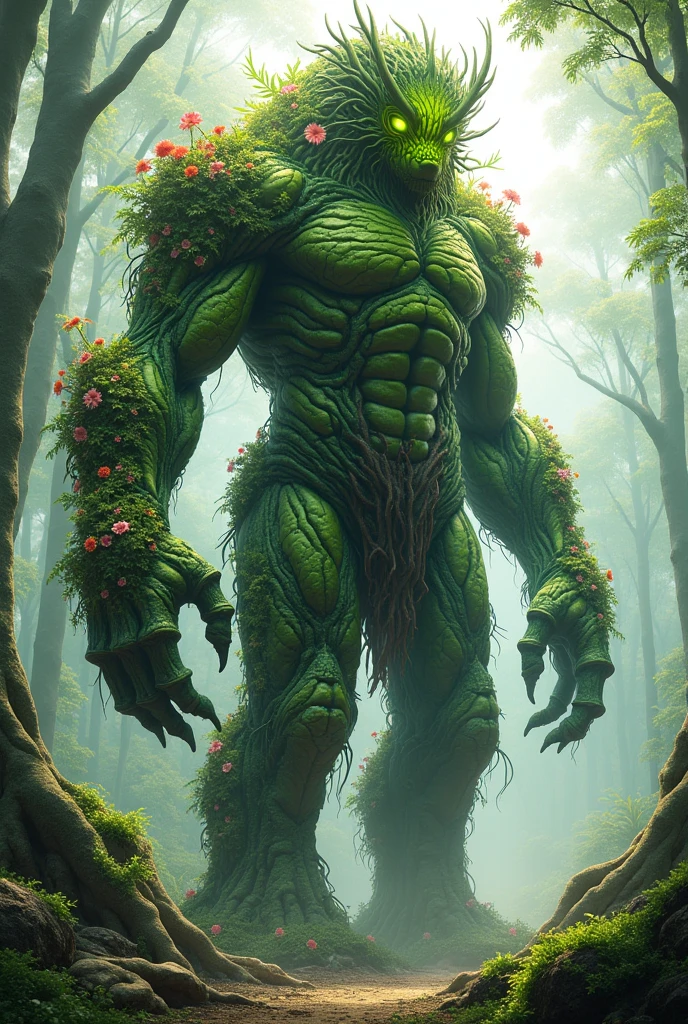 
Height: 30 meters Appearance:

cos: Made from a dense mixture of intertwined vines, leaves and roots. Your skin is a combination of vibrant greens, with tones ranging from emerald to lime green. Parts of your body, like arms and legs, are adorned with flowers that bloom and close as he moves.
head: instead of a human head, Verdantus has a crown of twisted branches and colorful blooms, resembling the crown of a tree. His eyes are glowing orbs of greenish light, radiating a peaceful energy, More intense.
muka: Its face is composed of a rustic tree bark texture., and around the mouth there are small flowers that emit a soft perfume.
hands: Your fingers are thick roots, capable of extending and trapping enemies or anchoring themselves into the ground to gain strength.
Personalidade:

bravo: Verdantus is the protector of the forests and will react with fury against anyone who threatens nature., but his anger is directed and controlled, never chaotic.
lightness: Despite its grandeur and power, Verdantus exudes a sense of tranquility. He is a guardian who prefers to restore and protect, but does not hesitate to fight when necessary.
skills:

Vegetation Control: Verdantus can command the flora around him, making plants grow quickly, entangle enemies, or form barriers.
Regeneration: It is able to regenerate itself using the vital energy of nearby plants..
cloathing: When necessary, Verdantus can blend in with forests, becoming almost indistinguishable from the vegetation around it.
demeanor: He prefers to avoid conflicts, resolving situations peacefully when possible. however, if forests or the beings they protect are threatened, he rises with all his strength, showing his true fury.