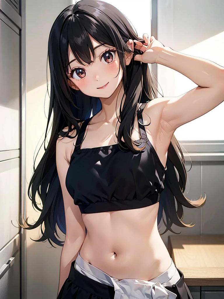 Anime style  , young girl  , black hair,  smug expression ,provocante  ,morena, dark skin ,  top curto,belly , flat chest , very short shorts , micro shorts,  sexy . Diabinha. 