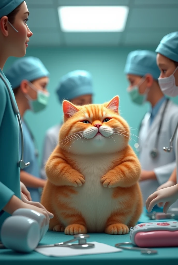 An orange, realistic, Pagnent chubby cat laying on hospital desk, doctor's and nurse's are around him.