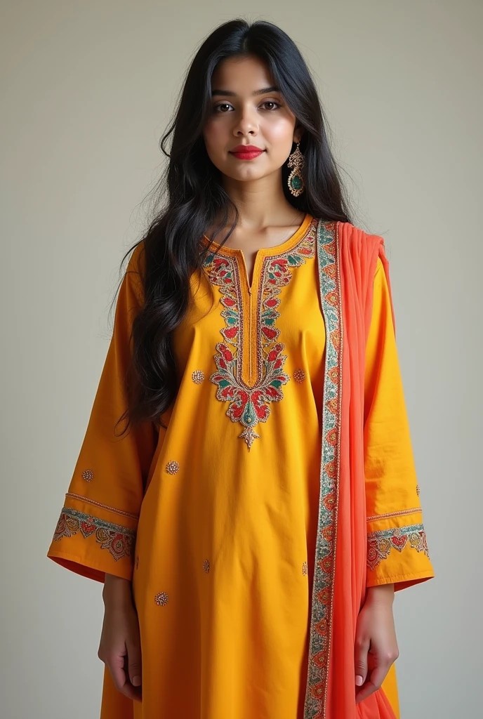 A Pakistani girl. Cute and beautiful. Heavy body shape. Fat girl. Real face. Wearing punjabi style kurti.High Resolution, fat girl. Full picture. Big boobs girl.