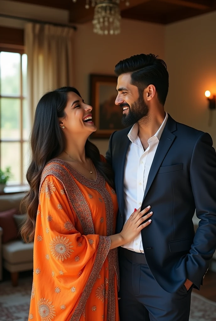 Pakistani husband and wife, smiling and laughing, girl wearing pakistani dress, man wearing suit, picture taken by iphone 15 pro max in the living room, girl has extremely pale skin tone and has a well groomed beard and stylish hairstyle