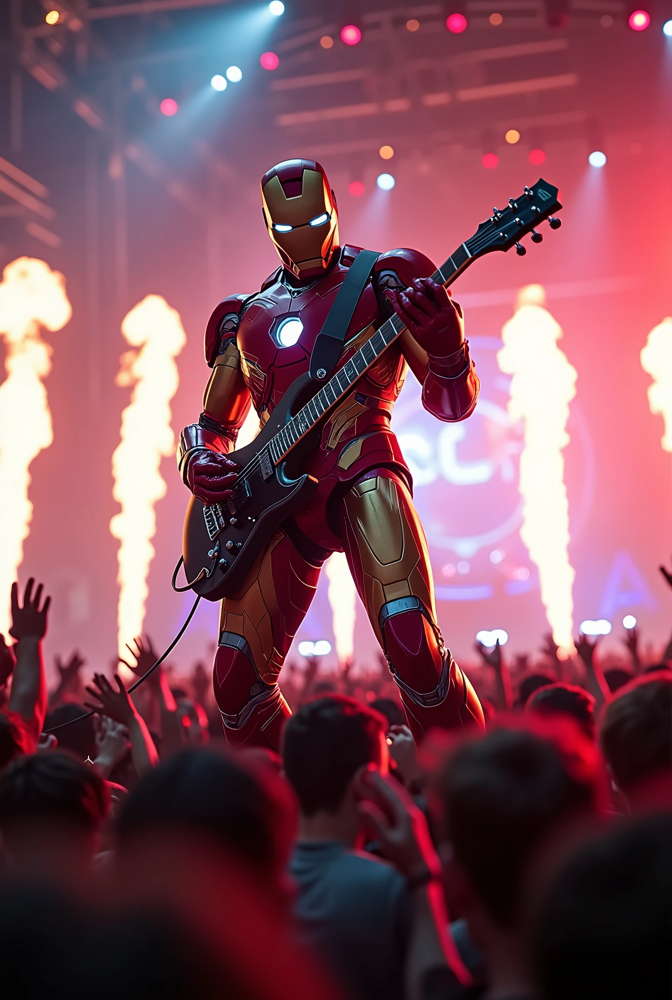 (masterpiece: 1.3), (8K, Photorealistic, Raw Photo, Best Quality: 1.4), Wide-angle shot of Iron Man in his full armor, standing on a high-tech stage with pyrotechnics and flashing lights, shredding an electric guitar at a rock concert. The camera slowly pans across the crowd of excited fans, capturing the dynamic atmosphere of the concert. Iron Man’s armor glows in sync with the pulsating lights, and the scene is bathed in vibrant, colorful lighting that enhances the electrifying energy of the performance.