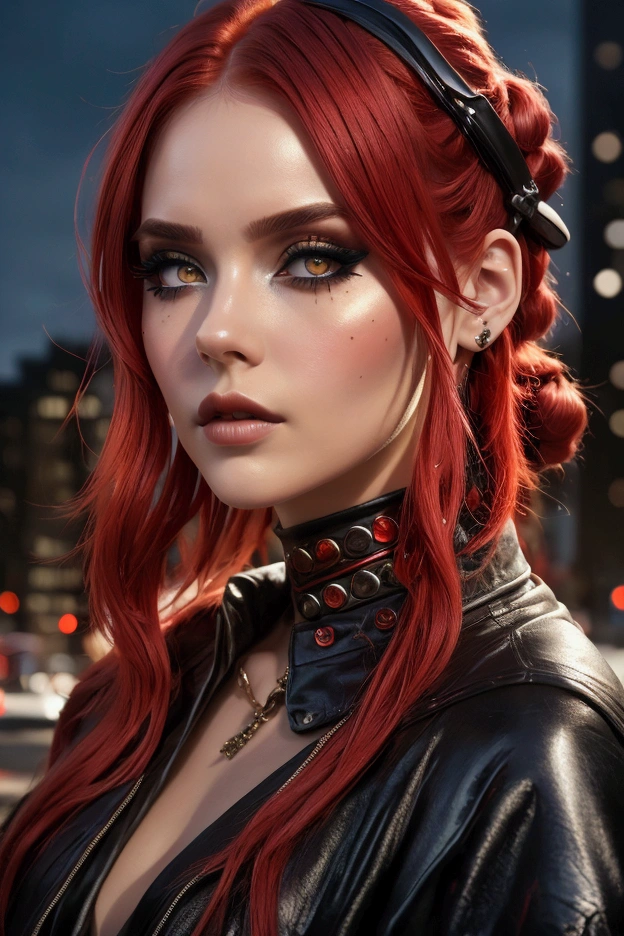 beautiful girl, Half-length portrait, short and messy bright red hair, black eye shadow, (street style clothing:1.2), (city background:1.2), dark makeup, Digital art, trend in artstation, highly detailed, good detail, Intricate,  beautiful detailed glow, detailed, cinematic light, High resolution, detailed facial features,sharp focus, seeds, Aesthetic,