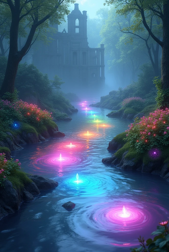 In the clear morning air、The rainbow-colored river flows quietly。On the river、There are many small balls of light floating、Each shines in a different color。The ball of light moves slowly、It creates a rainbow-like reflection on the surface of the river.。Colorful flowers bloom along the riverbank、The Flower々A faint light is emitted from。Across the river、A forest shrouded in mist spreads out before you.、Ancient ruins quietly stand in the forest。