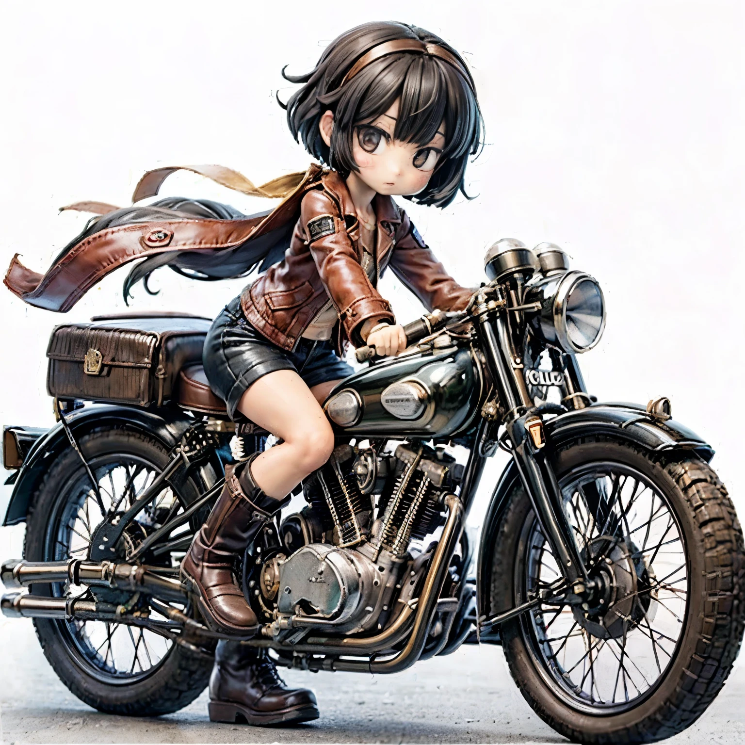 (磁器people形)、(陶磁器people形)、(Ride a classic motorcycle:1.2 )、(Vintage Bikes、Bluff Superior SS100)、美しい若い日本people女性、Beautiful Face, Black Hair, Short Bob Hair, Red classic leather jacket、leather shorts、boots、goggles、Take a photo of the entire bike、(people々々And the size balance of the motorcycle is our number one priority.:1.2)、Blur the background、((No background))、((White Background))、((Plain background))、((No logo))、(Highest quality、High resolution、masterpiece)、(3d)、4K、8k、wallpaper、
