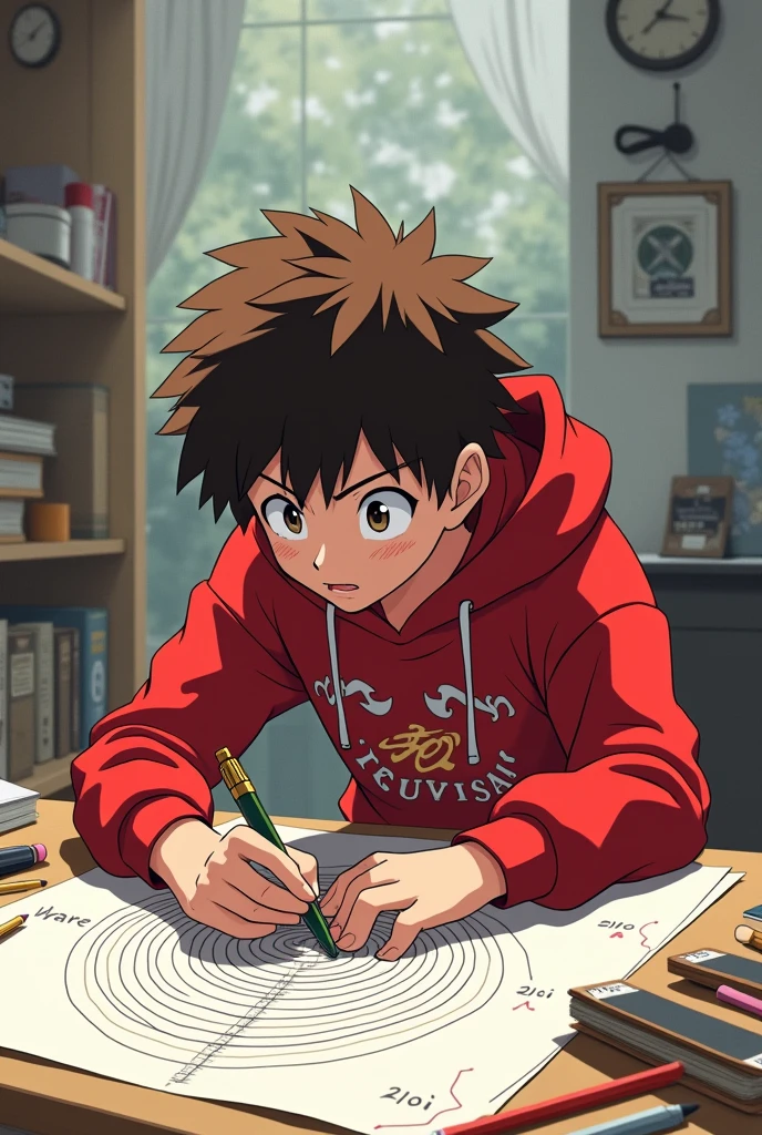 scene: Inspired by the words of Vitruvius, Leonardo a brown-haired ager with a red sweatshirt, begins to experiment with geometry in his own art. In the cartoon, Leonardo is seen drawing spirals and using the compass to create proportions., All this with a boku no hero academia style