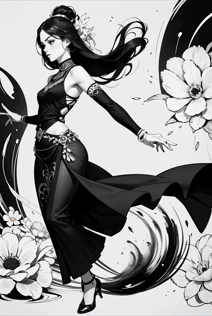 A black and white illustration drawn with a brush., One Girl, India, so beautiful, Well-proportioned face, Ink Painting, Smudged ink, Low - Angle, whole body, dance, Powerful, Brush writing, Monochrome, Surrounded by flowers
