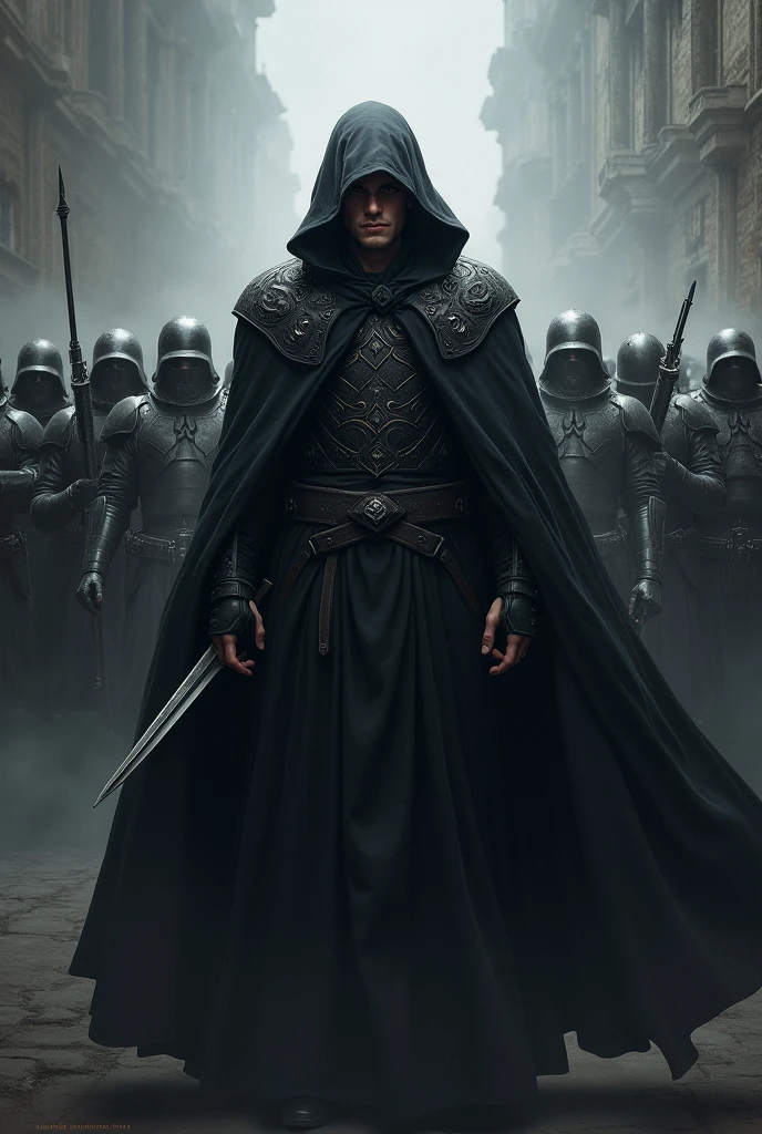 a book cover with a male character with powers of shadow monarch from solo leveling
and show soldiers in backgroung