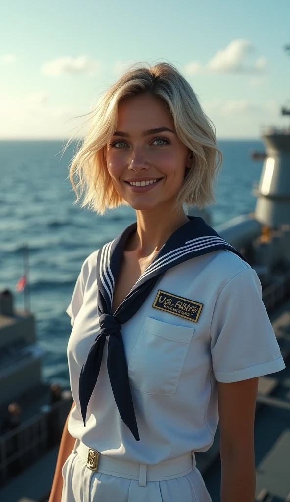 {{masterpiece, Best quality, extremely detailed computer graphics, unity 8k wallpaper, cinematic lighting, }}, Sony α7, wide frame, South Pacific, during the war with the Asian powers, the wind blows on the Aegis ship, 1 girl, whole body, smile, she is a U.S. Navy sailor, Caucasian, 20 years, smile, blonde hair, Short Bob, Blue eyes , long eyelashes ,