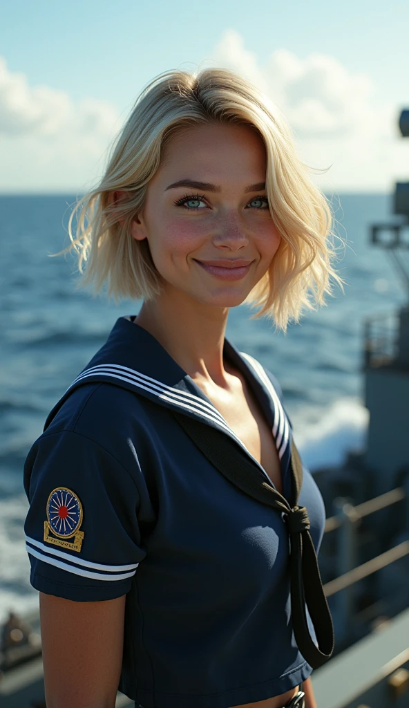 {{masterpiece, Best quality, extremely detailed computer graphics, unity 8k wallpaper, cinematic lighting, }}, Sony α7, wide frame, South Pacific, during the war with the Asian powers, the wind blows on the Aegis ship, 1 girl, whole body, smile, she is a U.S. Navy sailor, Caucasian, 20 years, smile, blonde hair, Short Bob, Blue eyes , long eyelashes ,