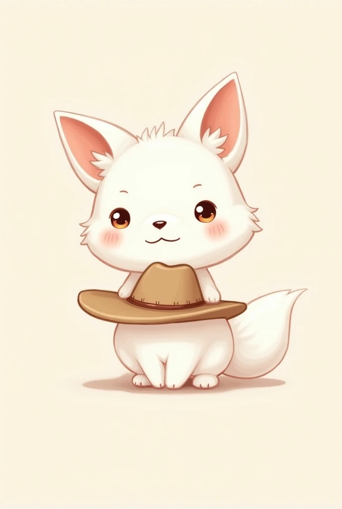 A little white fox, chibi with big ears . chibi 2D with a cowboy hat .Style cute and chibi, look like a sylvanian families 