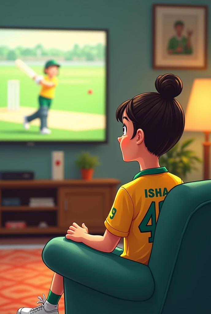 A ager girl watching Australian cricket match in the hall room and wearing Australian jersey with name "ISHA" and number "49" girl sits aside of sofa. like a cartoon