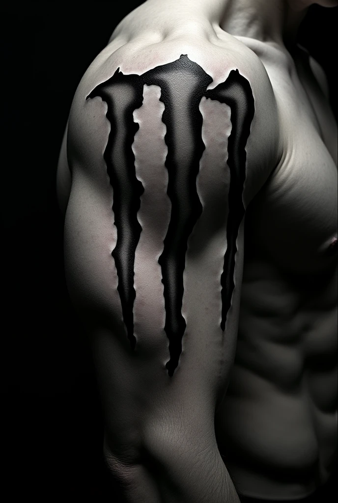 a tattoo referencing the letter M in black that uses the Monster Energy drink typography