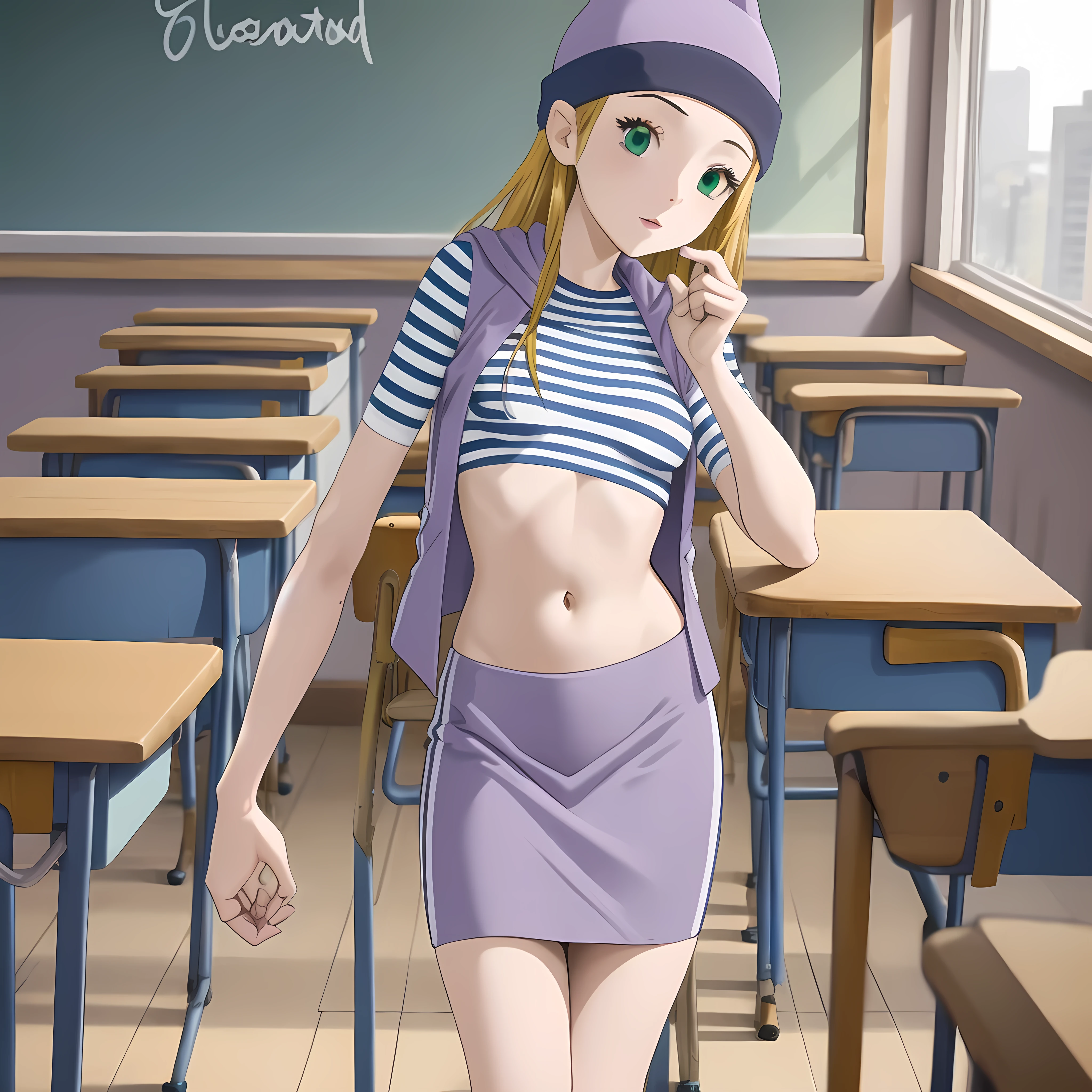 (masterpiece, best quality), 1girl, izumi Orimoto, indoors, classroom, green eyes, blonde hair, long hair, purple beanie, purple vest, purple miniskirt, blue white striped shirt, long purple socks, purple vest, striped shirt, navel shirt, small size breast, sexy pose