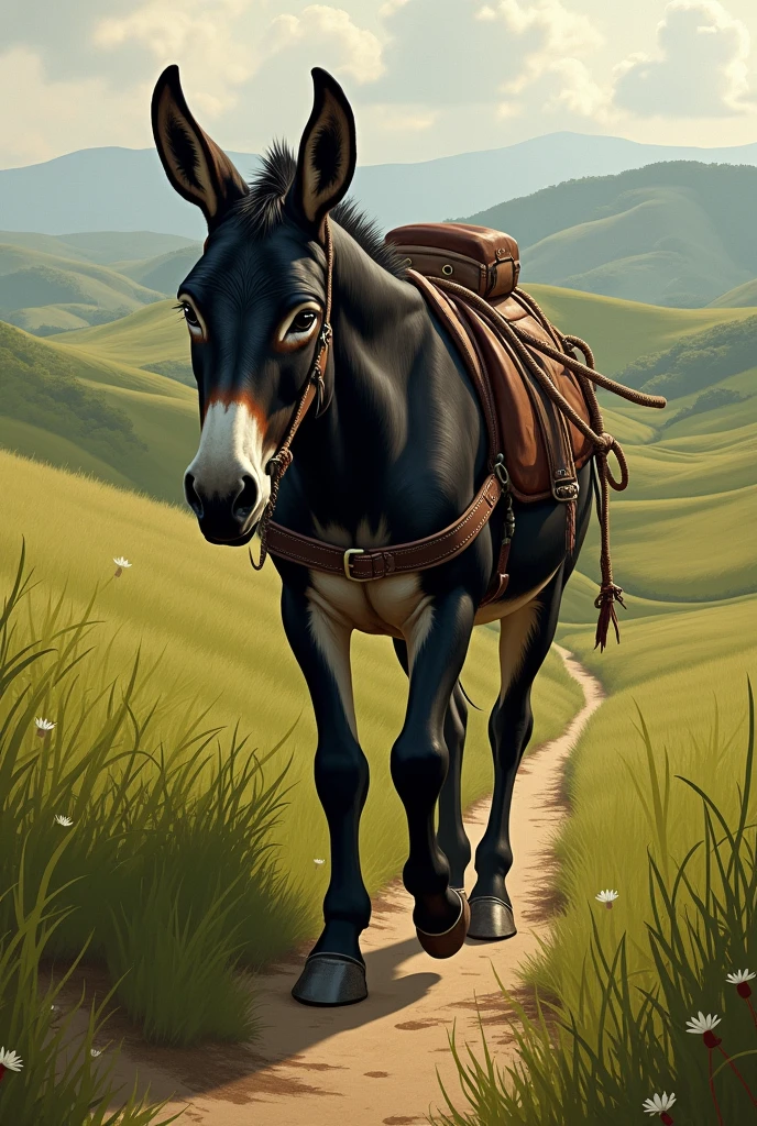 Black donkey with horsesollar and whip scars walkin in a field in cuba 19th century