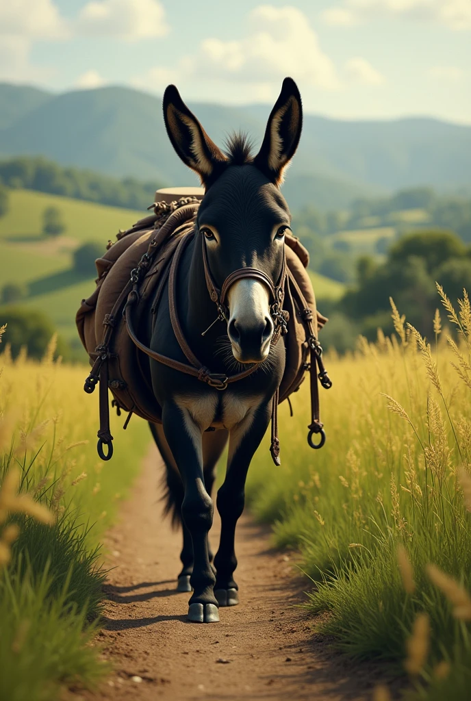 Black donkey with horsesollar and whip scars walkin in a field in cuba 19th century