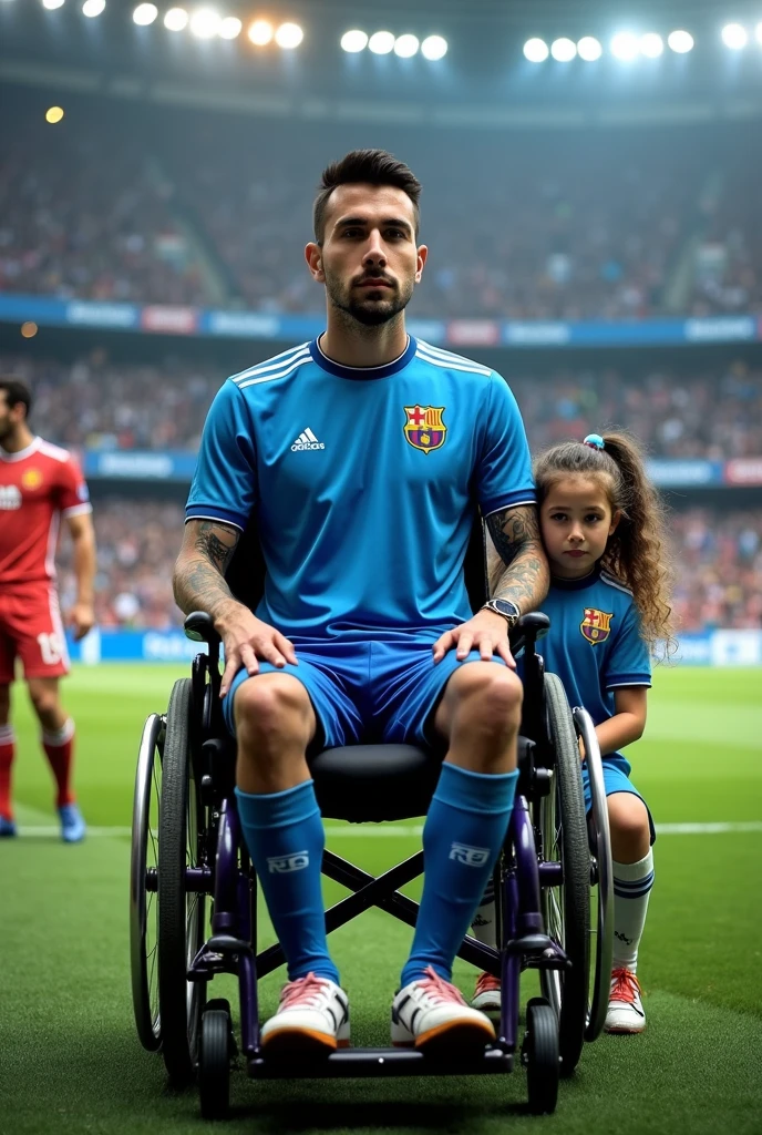 Javier, twenty-five years old, thin body, tattoo on his arms, black expanders or piercings in your earssitting in a wheelchair, disabled, soccer team fan with blue uniform, in the background a stadium with people holding his name on banners, while he is dressed with all the accessories of a soccer fan, next to him his daughter, Sara, who is , sad look because she knows that her father is going to die
Facing the camera from the front to tell his story, short hair, enlarged image, clear setting, no animation, 100% real, players background with uniform blue