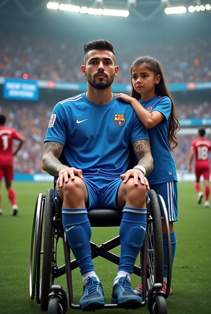 Javier, twenty-five years old, thin body, tattoo on his arms, black expanders or piercings in your earssitting in a wheelchair, disabled, soccer team fan with blue uniform, in the background a stadium with people holding his name on banners, while he is dressed with all the accessories of a soccer fan, next to him his daughter, Sara, who is , sad look because she knows that her father is going to die
Facing the camera from the front to tell his story, short hair, enlarged image, clear setting, no animation, 100% real, players background with uniform blue