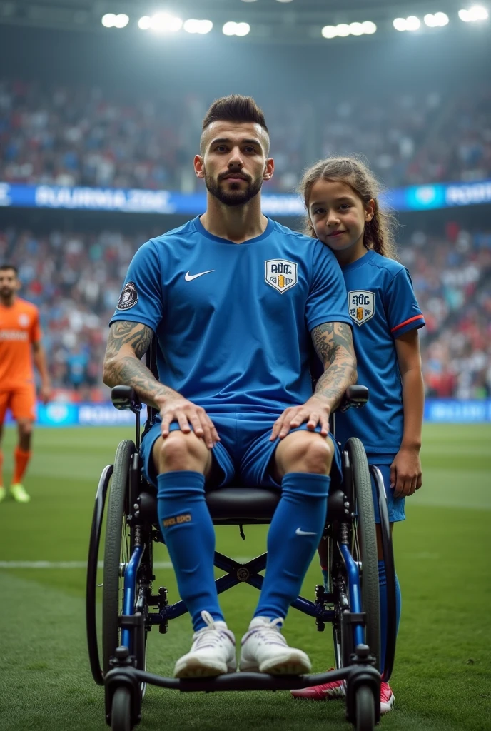 Javier, twenty-five years old, thin body, tattoo on his arms, black expanders or piercings in your earssitting in a wheelchair, disabled, soccer team fan with blue uniform, in the background a stadium with people holding his name on banners, while he is dressed with all the accessories of a soccer fan, next to him his daughter, Sara, who is , sad look because she knows that her father is going to die

Facing the camera from the front to tell his story, short hair, enlarged image, clear setting, no animation, 100% real, players background with uniform blue