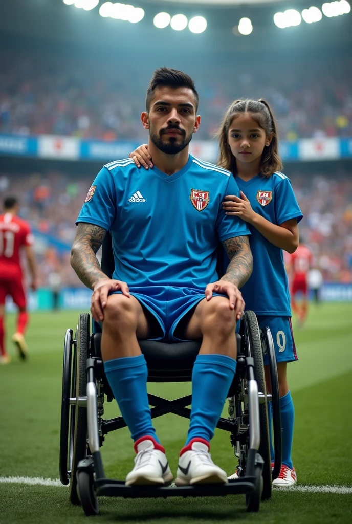 Javier, twenty-five years old, thin body, tattoo on his arms, black expanders or piercings in your earssitting in a wheelchair, disabled, soccer team fan with blue uniform, in the background a stadium with people holding his name on banners, while he is dressed with all the accessories of a soccer fan, next to him his daughter, Sara, who is , sad look because she knows that her father is going to die

Facing the camera from the front to tell his story, short hair, enlarged image, clear setting, no animation, 100% real, players background with uniform blue