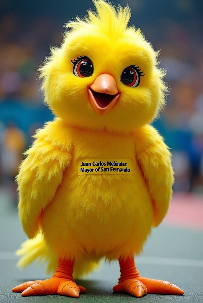 Creation of a half-body corporeal costume of a canary in the style of the Fiu mascot of the Pan American Games in Chile, be tender, friendly, familiar and that it is written on his chest "Juan Carlos Meléndez Mayor of San Fernando"