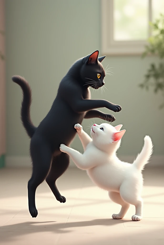 Jumping black cat and landing white cat