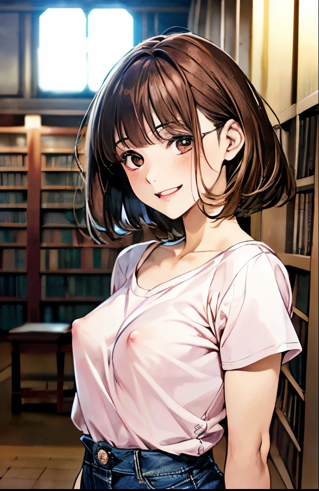 nsfw:1.2,(masterpiece:1.2, Highest quality, Ultra-high resolution, Super detailed), (Realistic, photoRealistic:1.4), Beautiful illustrations, colorful, (Natural Side Lighting, Cinema Lighting),
View your viewers, 1 girl, Japanese, Junior high school girl, Perfect Face, (Perfect Anatomy), Cute and symmetrical face, Glowing Skin, ,
(short hair:1.5, Straight hair:1.2, Reddish brown hair), Blunt bangs, Iris, Small eyes, Droopy eyes, Slanted Eyes, Long eyelashes, (),
Beautiful Hair, Beautiful Face, Beautiful attention to detail, Beautiful clavicle, Beautiful body, Beautiful breasts, Beautiful thighs, Beautiful feet,
((Detailed cloth texture, Pink T-shirt, Denim skirt, ),
(Beautiful views), Depth of written boundary, evening, (library), Are standing, (Smile, Upward glance, Open your mouth),No bra、Nipples are visible、Transparent nipples