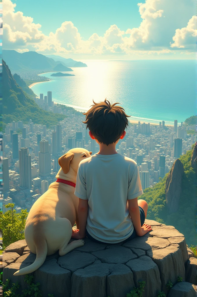 a teen Ager anime boy sit on mountain her name is samya he see all the city and sea her hand on a labrador dog her name is tela in a very summer day