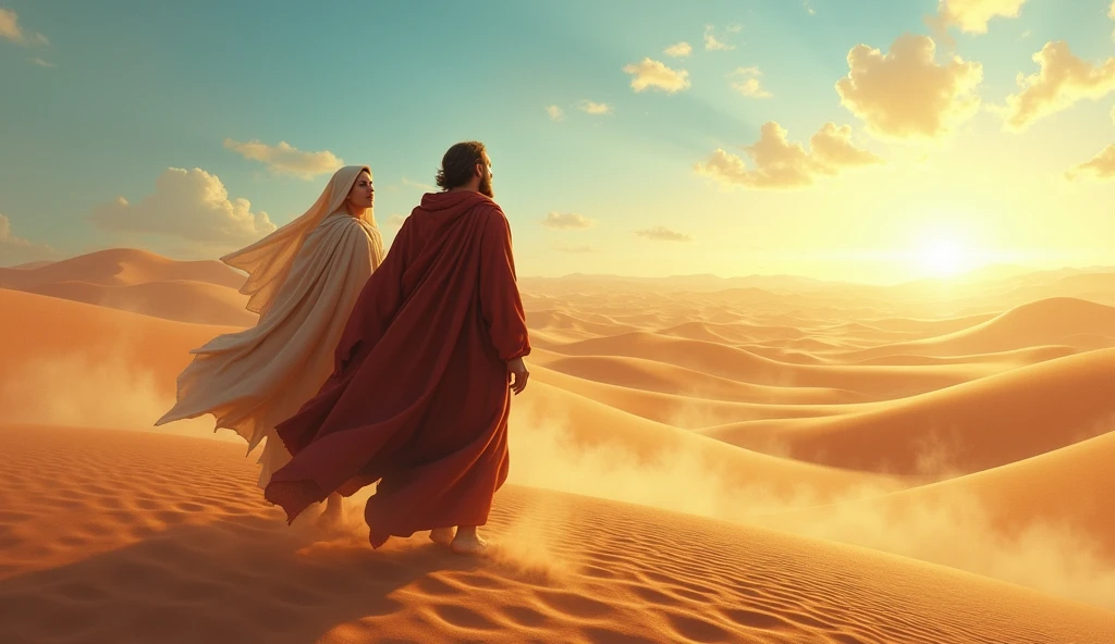 Abraham and Sarah leaving Egypt, expressions of relief, desert stretching ahead, blue sky symbolizing hope and new beginnings