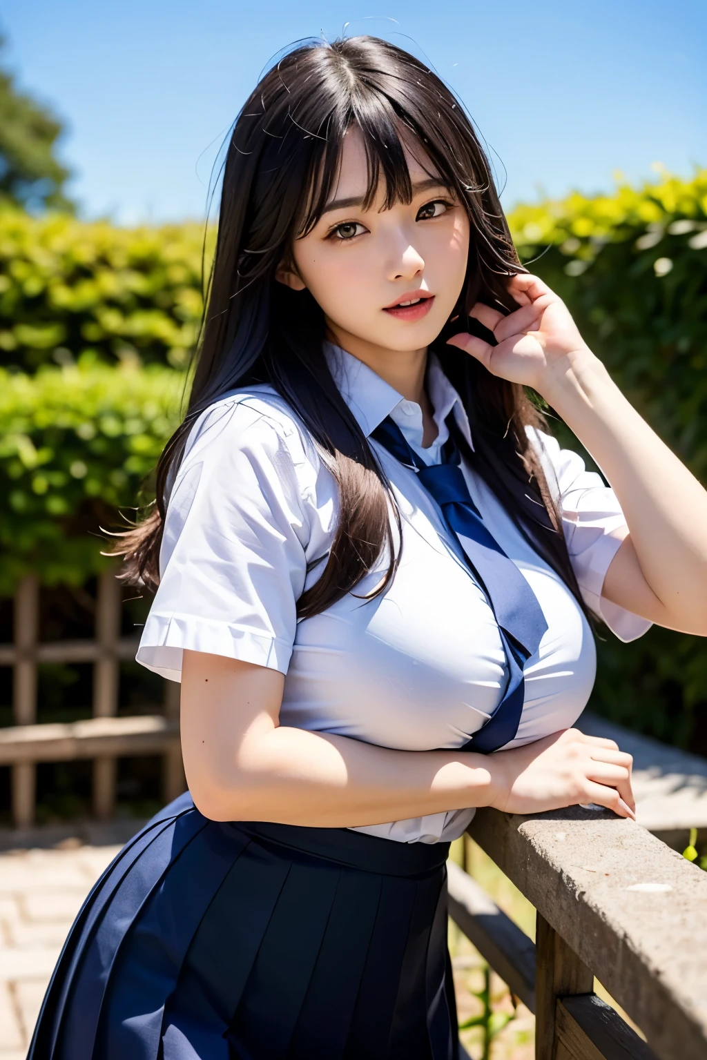 (Highest quality, 8k, 32K, masterpiece, Ultra-high resolution:1.2), cute Japanese, (Huge breasts), Long black hair, bangs, (school uniform), Tight waist, (Outdoor, garden, blue sky),(high school girl),
